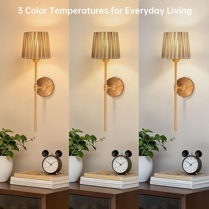 Wall Sconces Set of 2, Wood Grain Fabric Shade Wall Lights with Touch & Remote Control, Plug-in Dimmable Wall Lamps, 3 Color Temps for Bedroom, Living Room, Hallway