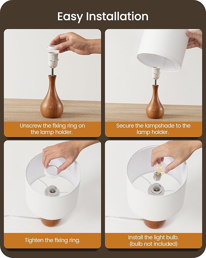 Small Table Lamp, Wood Desk Lamp with White Linen Lampshade & Dark Wood Bottle-Shaped Base, Modern Bedside Lamp with Cable, E26 Base, Bulb Not Included, for Bedroom, Kid's Room LW09TL05