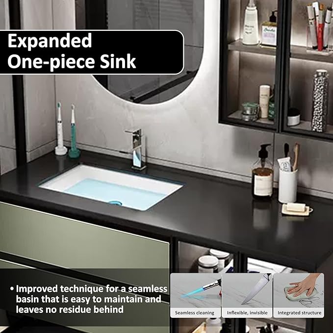 Bathroom Vanity with Sink - Bathroom Vanity Cabinet and Sink and Slab Top | Side Shelf and Ambient Lighting, LED Smart Mirror Cabinet (44'')