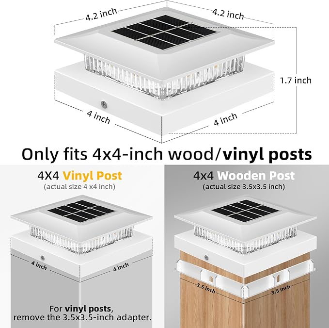 4x4 Solar Post Cap Lights 12 Pack, Fence Post Solar Lights with Warm White/Cool White, Only Fit 4x4 Wood/Vinyl Posts, Waterproof Outdoor Deck Post Light for Deck, Fence, Porch(White)