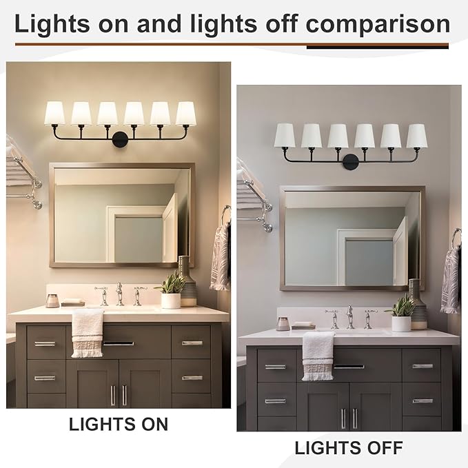 Matte Black Bathroom Light Fixtures, 6-Light Vanity Lights, Bathroom Lighting Fixtures Over Mirror with Flared White Fabric Shade, Modern Wall Sconce for Mirror Hallway Bedroom Living Room(ETL Listed)
