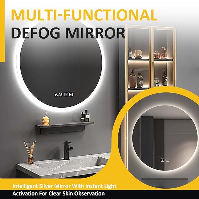 Modern Wood Bathroom Vanity - Additional Side Cabinets with Ambient Lighting & Glass Cabinet | Luxurious Bathroom Vanity with Sink, LED Defogging Function (60'')
