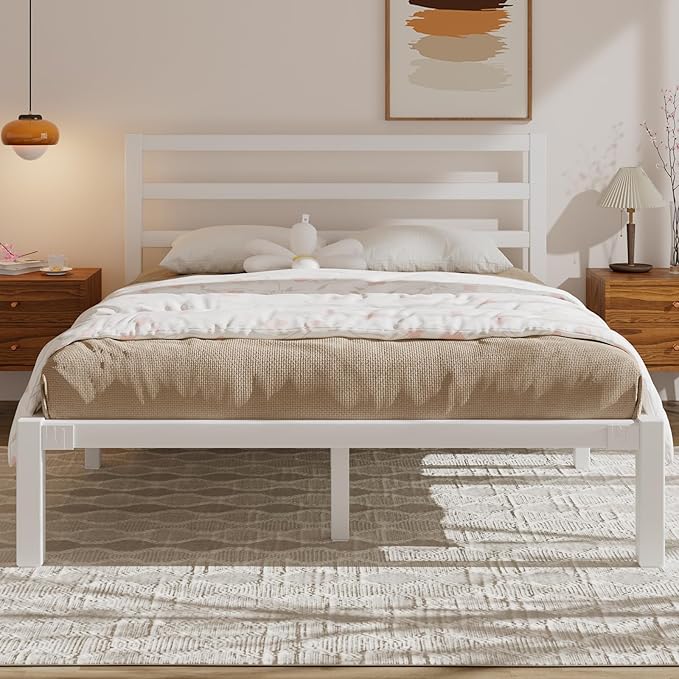 Queen Size Bed Frame, Metal Platform Bed Frame with Headboard and Footboard, Underbed Storage Space,Easy Assembly,No Box Spring Needed,Modern, White