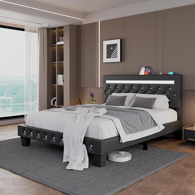 Full Size Bed Frame with LED Lights, Upholstered Platform Bed Frame, Faux Leather Adjustable Headboard with Charging Station, Wooden Slats Support, Easy Assembly, No Box Spring Needed, Black