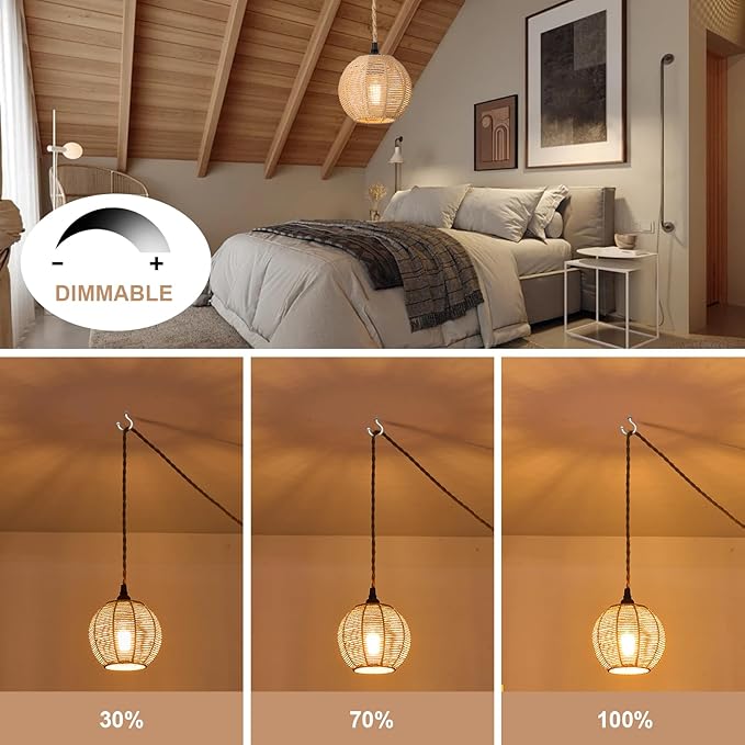15ft Plug in Pendant Light with Cord Dimmable Switch Rattan Hanging Lamp with Hand Woven Wicker Plug in Chandelier Boho Hanging Lights Fixture for Bedroom Kitchen Hallway Foyer