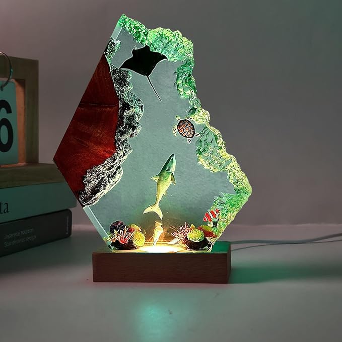 Great White Shark Ocean Resin Lamp, Handmade Resin Night Light for Home Office Decor, Multi-Color LED Light with USB Port, Shark Gifts for Birthday Holiday, Valentine's Day Gifts for Him Kids (9"x6")