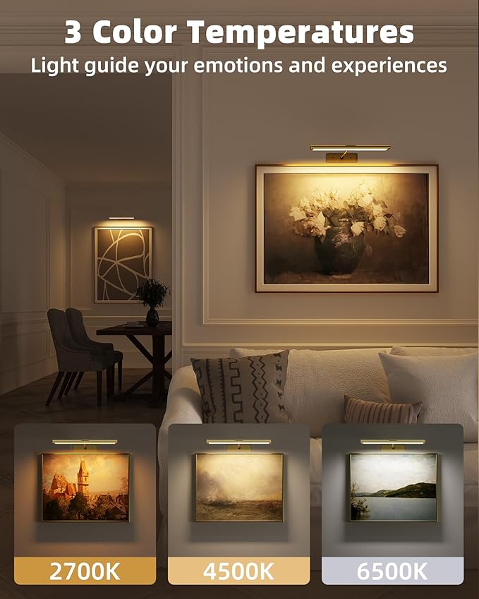 EZVALO Picture Light for Wall, 4800mAh Rechargeable Wireless Remote, Dimmable Magnetic LED Art Display Light with 3 Color Temperatures, for Gallery, Living Room, Bedroom, Hallway (Gold-2Pack)