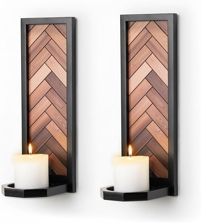 Herringbone Wood Candle Sconces, Set of 2 Wall-Mounted Pillar Candle Holders, Antique Classical Wooden Candleholder for Farmhouse, Living Room, Bedroom, Rustic Home Decor