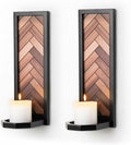 Herringbone Wood Candle Sconces, Set of 2 Wall-Mounted Pillar Candle Holders, Antique Classical Wooden Candleholder for Farmhouse, Living Room, Bedroom, Rustic Home Decor