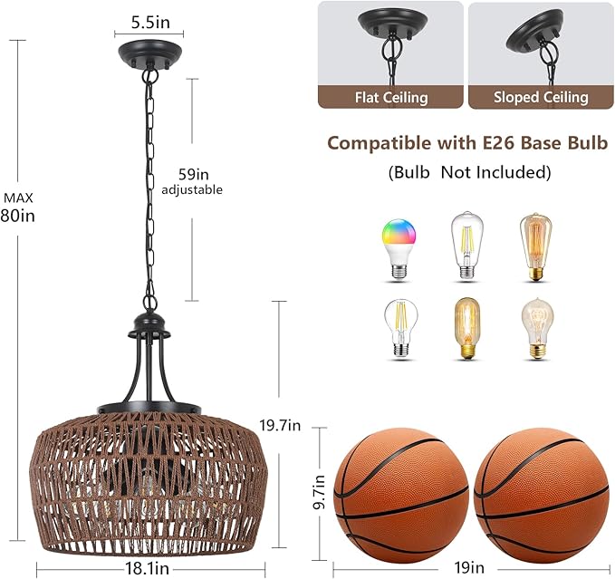HMVPL Coffee Rattan Chandeliers for Dining Room, 5-Light Coastal Chandelier with Wicker Lampshade, Large Farmhouse Light Fixture, Boho Dining Room Chandelier for Island Kitchen Bedroom Living Room