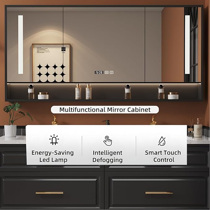 88IN Black Bathroom Vanity with Double Sinks - Hanging Cream Bathroom Vanities, Wall-Mounted 0pen Storage with 2 Drawers, Intelligent Defogging & Led Lighting | Integrated Washing Basin