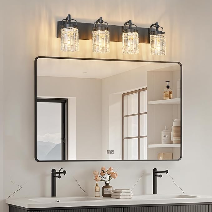 Modern 4-Light Vanity Light with Crystal Glass Shade - Black Bathroom Light Fixture Over Mirror