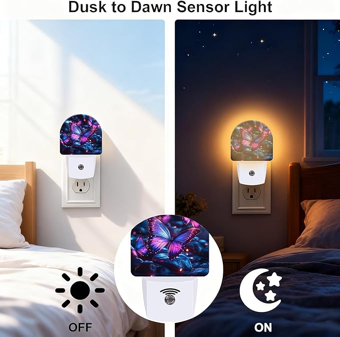 Glowing Purple Butterfly Night Light, Dusk-to-Dawn Auto Sensor Plug in Night Light for Kids, 0.5W Energy Saving LED NightLights for Bedroom/Bathroom, Ideal Gifts for Women Men