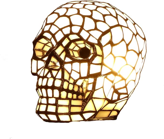 Bieye L10649 Skull Tiffany Style Stained Glass Accent Table Lamp Night Light for Halloween Decor Skull Lovers, White