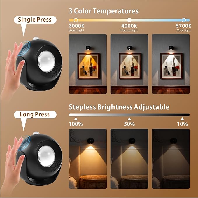 350° Rotatable Motion Sensor Wall Sconce - Wireless Magnetic 3 Color Modes & Stepless Dimming, Rechargeable Battery for Closet/Hallway