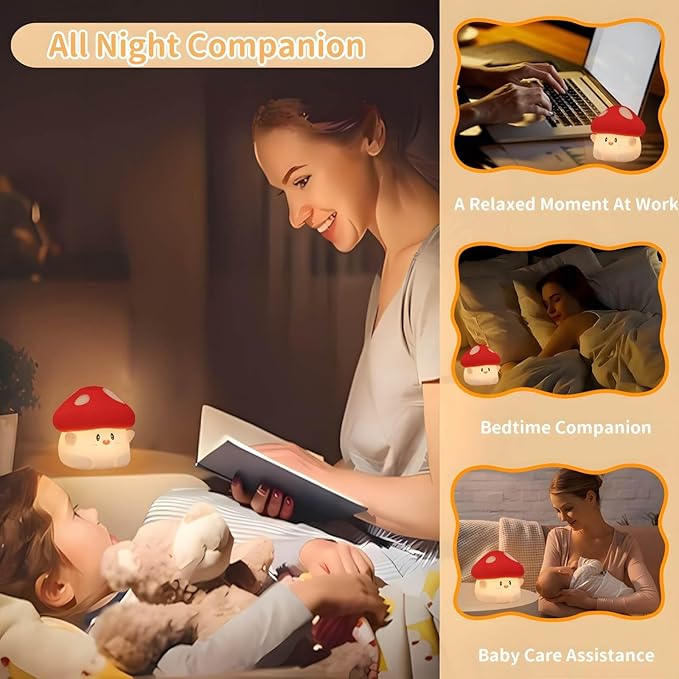 Mushroom Night Light Squishy Lamp, 50Hrs Battery Kids Nightlight, Tap Control, 30Min Auto-Off, Rechargeable Kawaii Bedside Lamp for Girls Room Decor, [Valentines Gifts]