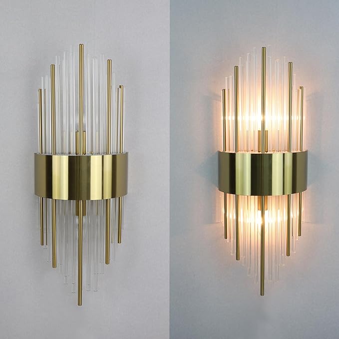 Modern Gold Wall Sconces Set of Two Crystal Sconces Wall Lighting 2-Light Brass Glass Wall Light Fixtures for Bedroom Living Room Bathroom Vanity Mirror Light Fixtures