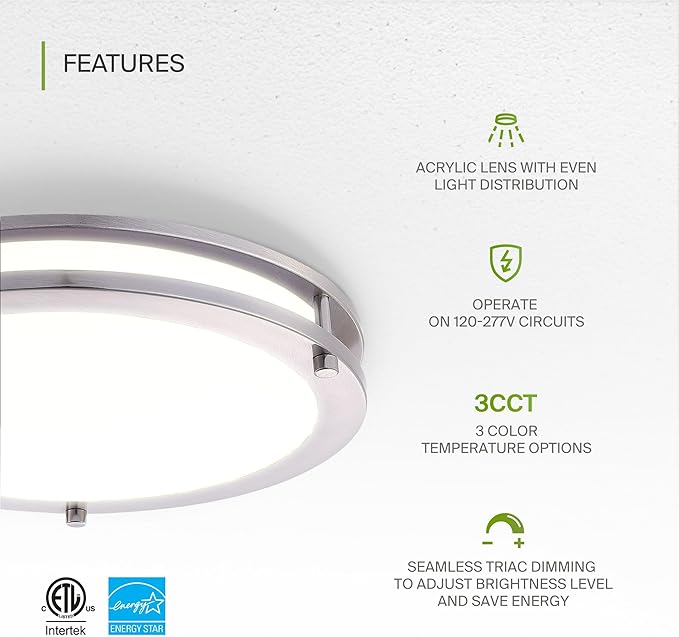 ASD LED 16" Round Flush Mount Lighting, Close to Ceiling Light Fixture | 3CCT, Dimmable, Energy Star, ETL Listed | 24W 2150LM 3000-5000K 100-277V | Low Profile Double Ring Lamp | Nickel, 2 Pack