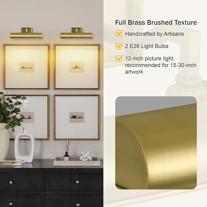 Picture Light, 12inch Brass Picture Lights for Wall,Hardwired Brushed Gold Art Picture Lights, Dimmable 2-Light Picture Rotatable Frame Light Wall Sconce for Painting, Artwork, Gallery