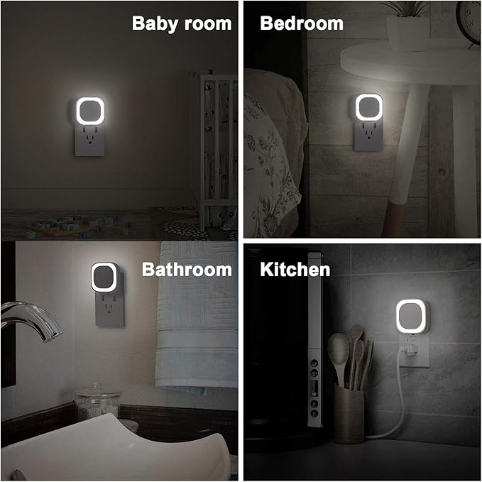 4 Pack Daylight White Night Light, Gentle Eye-Care with Dimmable Wide-Glow & Indirect Reflection, Auto Dusk to Dawn Sensor, Plug in for Kitchen Counter, Garage Workshop, Laundry, Hallway