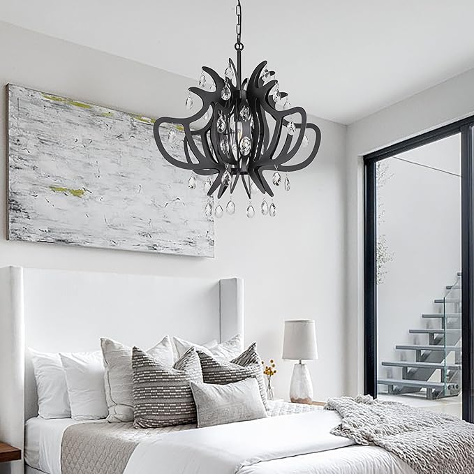 TOCHIC Black Chandelier, 24" Modern Farmhouse Crystal Chandeliers for Dining Room, Mid Century Metal Ceiling Light Fixture for Bedroom, Entryway, Living Room, Kitchen Island, Foyer