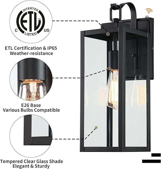 Pia Ricco Large Size Outdoor Wall Lights, Dusk to Dawn Matte Black Exterior Light Fixture with Clear Glass Shade, Waterproof Front Porch Lighting, Modern Sconces Lantern for House, Garage, ETL Listed