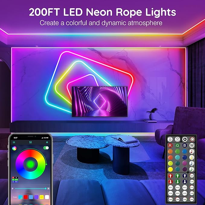 AILBTON 50FT Led Neon Rope Lights Control with App/Remote,Flexible Led Rope Light,Multiple Modes,IP65 Outdoor RGB Lights Waterproof,Music Sync Gaming Led Neon Strip Light for Bedroom Decor (200FT)