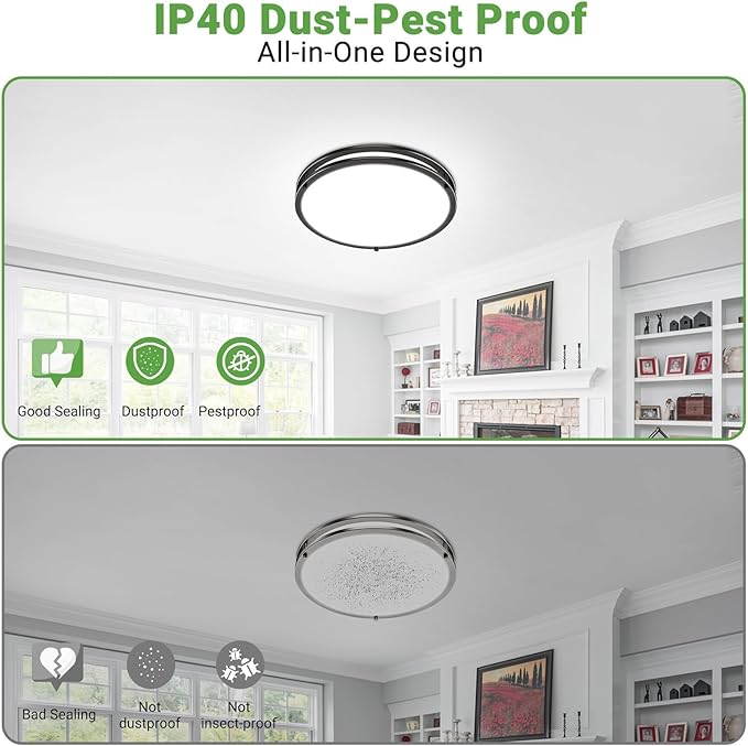 zemty 1Pack 10Inch Black LED Flush Mount Ceiling Lights, Dimmable 3000K-6500K Adjustable, 15W 1500LM Damp-Rated Light Fixture for Hallway, Kitchen, Bathroom, Closet, Laundry