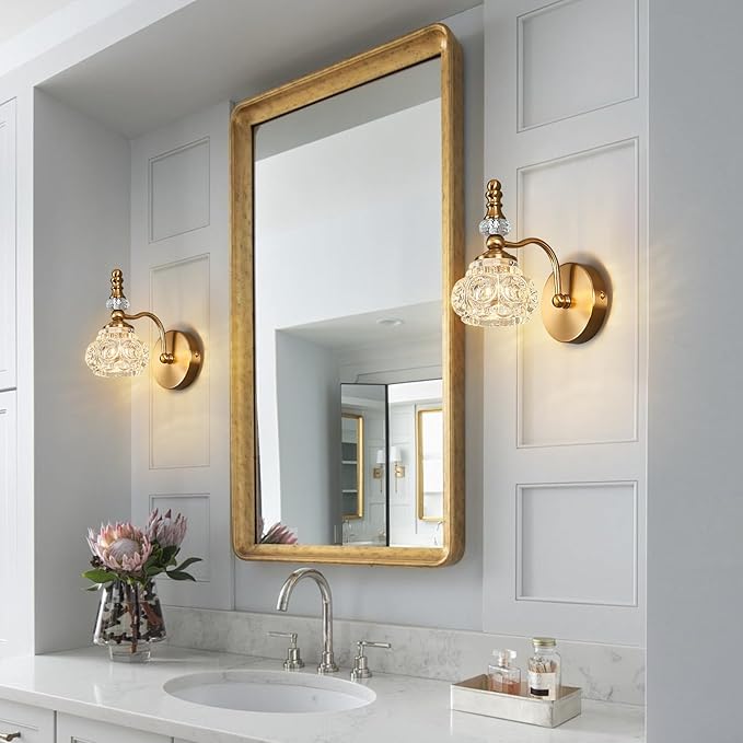 Modern Wall Sconce Set of Two Indoor Lamp Gold Vintage Glass Light Bathroom Vanity Fixture Wall-Mounted Room Lighting