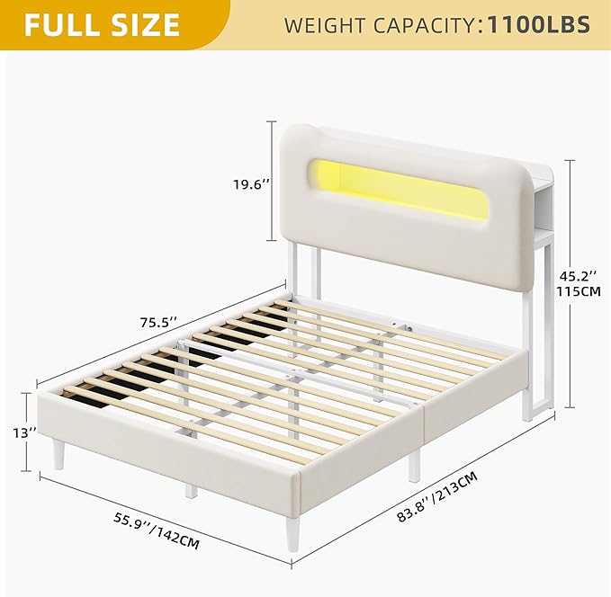 YITAHOME Full Size Bed Frame, LED Bed Frame with Storage Headboard, Boucle Upholstered Bed with Outlet & USB Ports, No Box Spring Needed, Easy Assembly, Cream