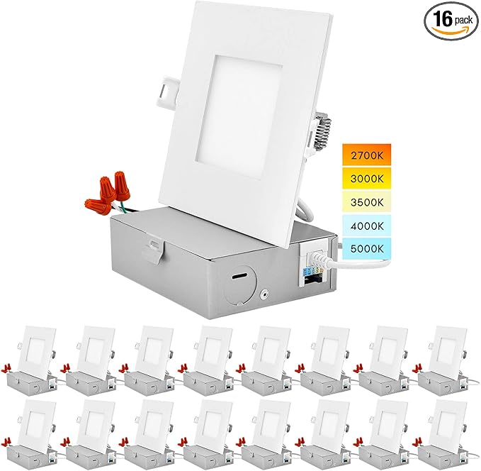 LUXRITE 4 Inch Ultra Thin Square LED Recessed Lighting, 5 Color Temp Options 2700K - 5000K, Dimmable Downlight, 10W, IC & Wet Rated, Canless LED Recessed Light (16 Pack)