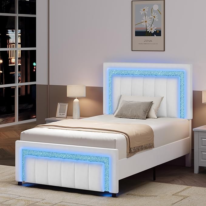 HOMBCK Twin Bed Frames with LED Lights and Velvet Upholstered Headboard, Twin Size Bed Frame with Modern Diamond Headboard Adjustable, Wooden Slats Support, Noise Free, No Box Spring Needed, White