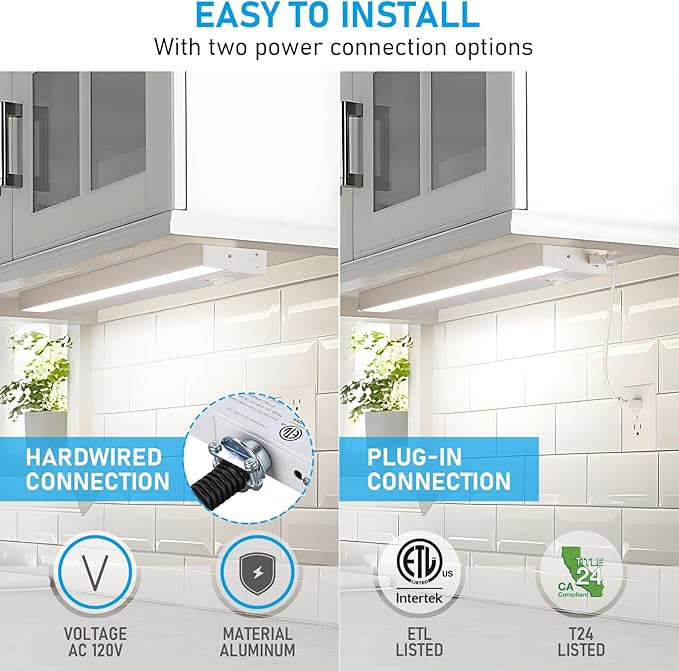 TORCHSTAR 12 Inch LED Under Cabinet Lighting 5CCT, 8W 600LM, Hardwired & Plug-in, 5 Color Selectable CRI90 120V ETL T24 Listed Dimmable Under Counter Lights for Kitchen, White Aluminum Housing, 4 Pack