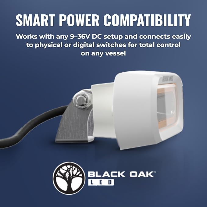 Black Oak Low Pro™ Waterproof Marine Spreader Lights – LED Deck or Dock Light Bar, 2000 Lumens, 120° Beam, IP69K, Bracket Mount (White Housing, Blue Halo)