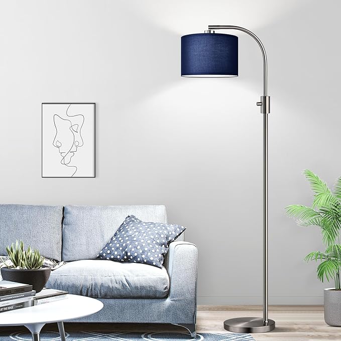 【Upgraded】 Dimmable Brushed Nickel Floor Lamp, 1200 Lumens LED Bulb Included, Arc Floor Lamps for Living Room Modern Standing Lamp with Blue Shade, Tall Lamp for Living Room Bedroom Office Study room