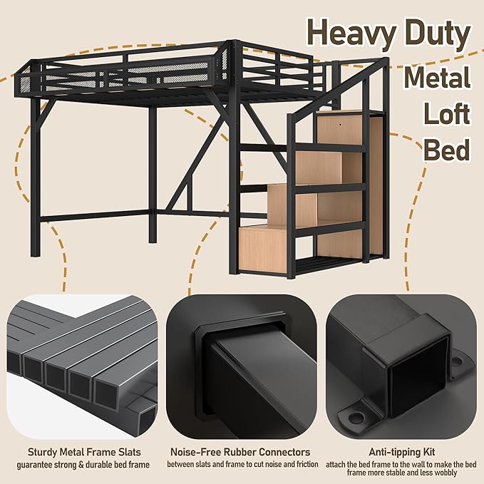 Bellemave Loft Bed Full Size with Storage Stairs, Beside Shelf & Wardrobe, Metal Full Size Loft Bed with USB Ports & LED Light, Large Under-Bed Space Loft Beds for Adults, Teens, Kids, Black Natural