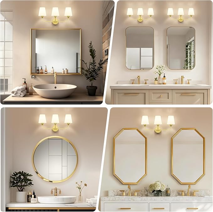 Brushed Gold Bathroom Light Fixtures, 3-Light Vanity Lights, Bathroom Lighting Fixtures Over Mirror with Flared White Fabric Shade,Modern Wall Sconce for Mirror Hallway Bedroom Living Room(ETL Listed)