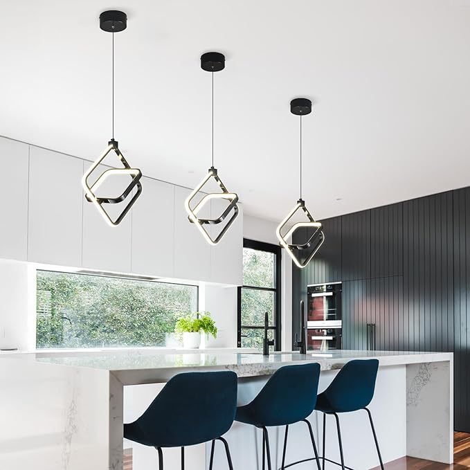 Modern LED Pendant Lights Plated Black Rectangular Pendant Light Fixtures 4000K 20W Dimmable Pendant Lighting for Dining Room Kitchen Island Bedroom Living Room Foyer（2-Pack）