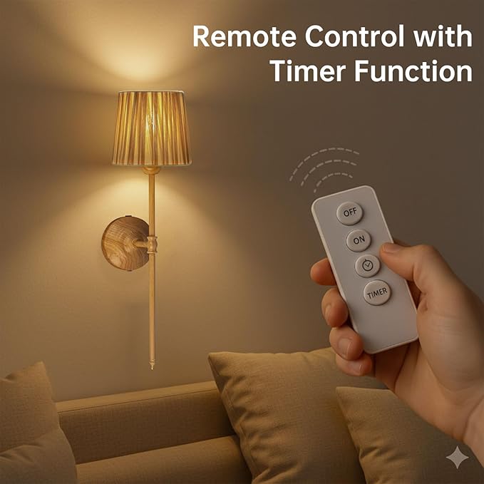 Wall Sconces Set of 2, Wood Grain Fabric Shade Wall Lights with Touch & Remote Control, Plug-in Dimmable Wall Lamps, 3 Color Temps for Bedroom, Living Room, Hallway