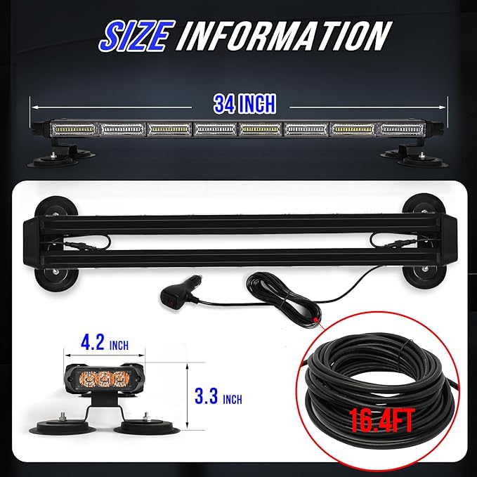 34inch 166 LED Emergency Rooftop Strobe Lights Bar Flashing Safety Traffic Advisor Warning Hazard Snow Plow Light W/Magnet Base for Work Trucks Vehicles Construction Tow Pickup Blue White