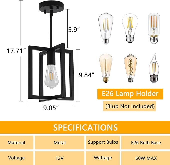 1-Light Black Ceiling Light Fixture Semi Flush Mount, Rustic Vintage Retro Ceiling Light Metal Industrial Farmhouse Chandelier Lamp for Hallway Entryway Bedroom Dining Room 9.05''