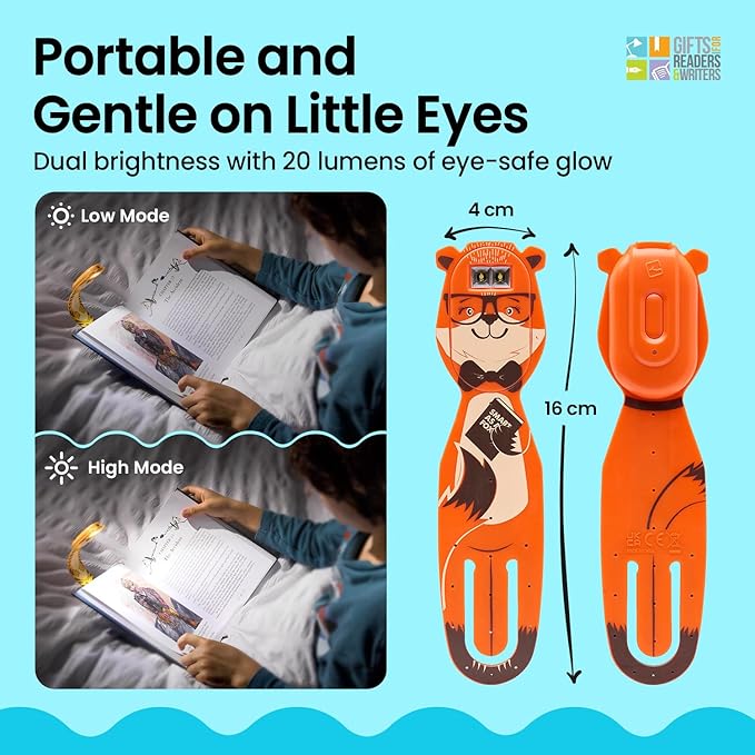 Gifts for Readers & Writers Bookmark Reading Lights Fox 2in1 Clip On Bookmark Kids Light for Reading in Bed, Rechargeable Travel Cute Lights, 20 Lumen LED