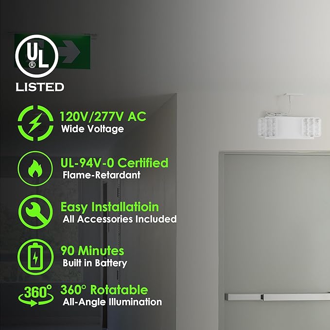 GRUENLICH LED Emergency Light, Exit Lighting Fixtures with Two LED Heads and Back-Up Batteries, UL 924 Qualified, 120/277 Voltage, 1-Pack