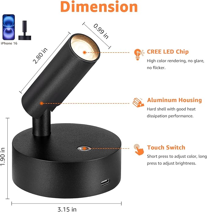 Wireless LED Spotlight Indoor 3350mAh Rechargeable Battery Operated Spotlights Indoor with Remote 3000K/4000K/5000K Uplighting Indoor Dimmable Spot Lights Indoor for Plant Picture Wall, 1 Pack