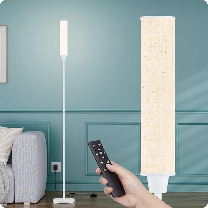 Floor Lamp with Remote Control, Floor Lamps for Living Room/Bedroom/Office, Stepless Adjustable 3000K-6000K Colors and 10-100% Brightness,Standing Light with Foot Switch (White+Beige Linen)