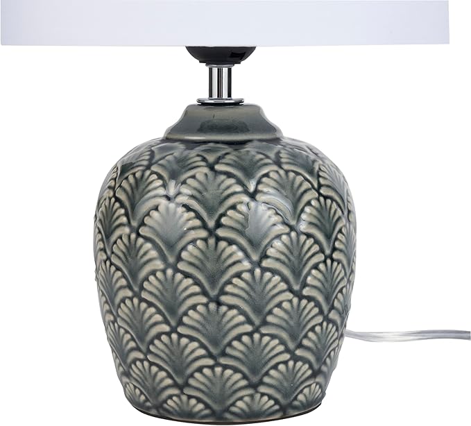 Nourison Home 13" Mini Grey Carved Motif Ceramic Table Lamp for Bedroom, Living Room, Console, Entryway
