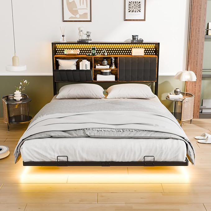 VINGLI Queen Size Floating Bed Frame with LED Lights and Charging Station, Cozy Hidden Storage Velvet Upholstered Bookcase Headboard,No Box Spring Needed,Easy Assembly,Black