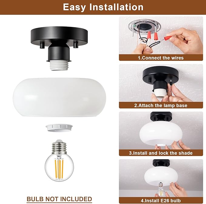 Mid-Century Modern Semi Flush Mount Ceiling Light, Metal Kitchen Light Fixture with Glass Shade, Mini White and Black Colse to Ceiling Lamp for Entryway Hallway Bathroom (8.66 Inch)