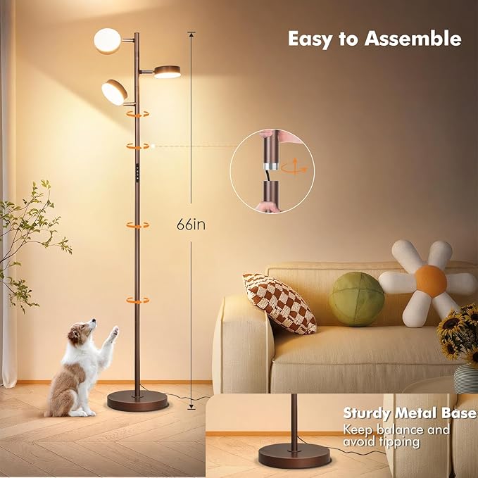 Tree Floor Lamp for Living Room - Modern Brown Standing Lamp, LED Floor Light with Remote & Touch, 3000K-6000K Dimmable for Bedroom Office Reading (3 Head)