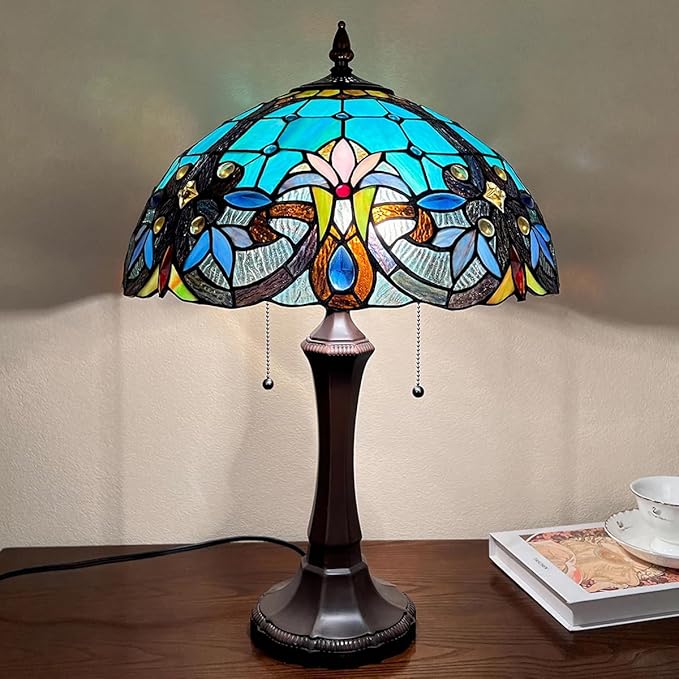 Tiffany Table Lamp,Stained Glass Table Light for Reading,Victorian Style 16 inch Large 2-Lights Antique Desk Lamp for Living Room Bedroom Study Office